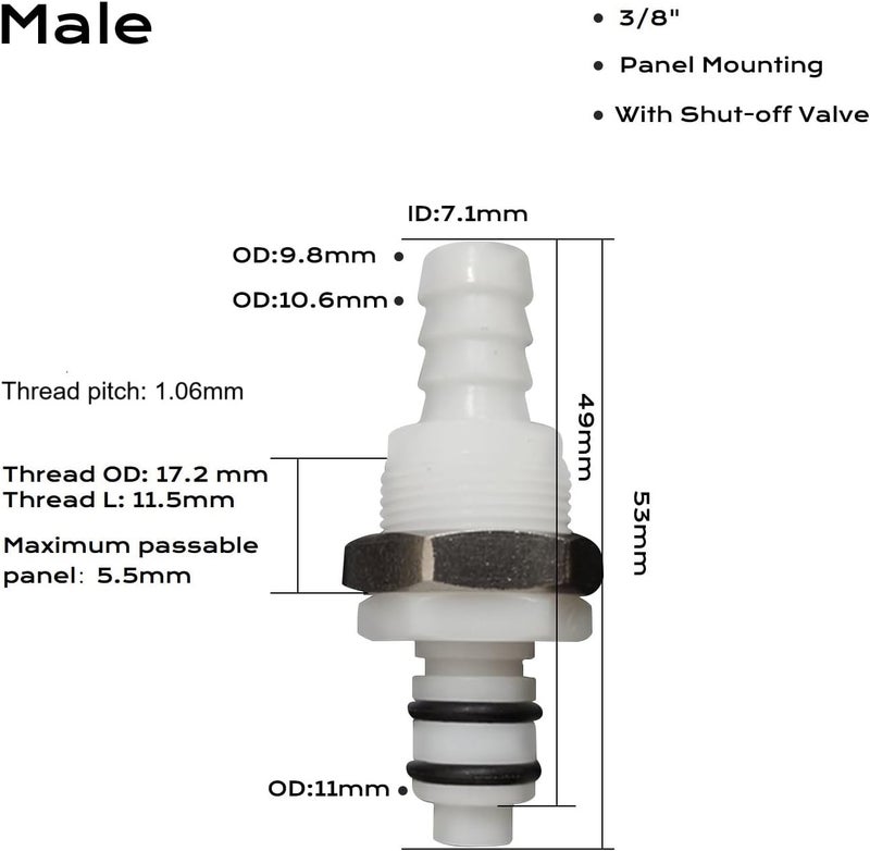 BBTUS 2PCS 1/4" 3/8" 5/16" Plastic Tube in-line Hose Quick Connector with Shut-Off valve, Panel Mounting Quick Release Coupling, Male Quick Connect Barbed Fittings (2x Male Connector) - Image 2